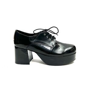 Vintage 1990s men’s black vegan patent leather platform heeled costume oxfords